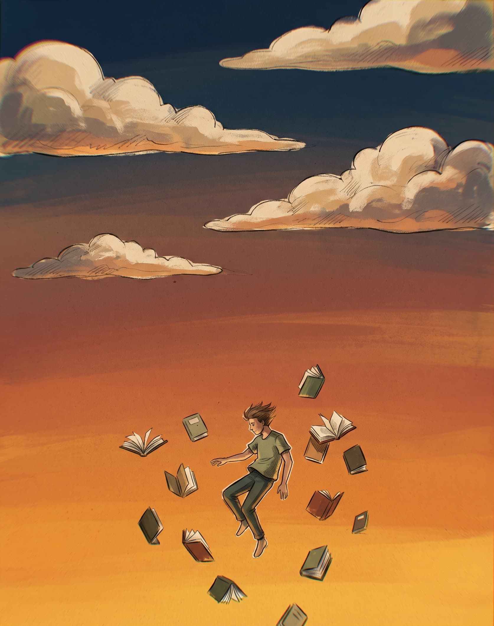 A young student rising into a warm sky as open books drift up around them